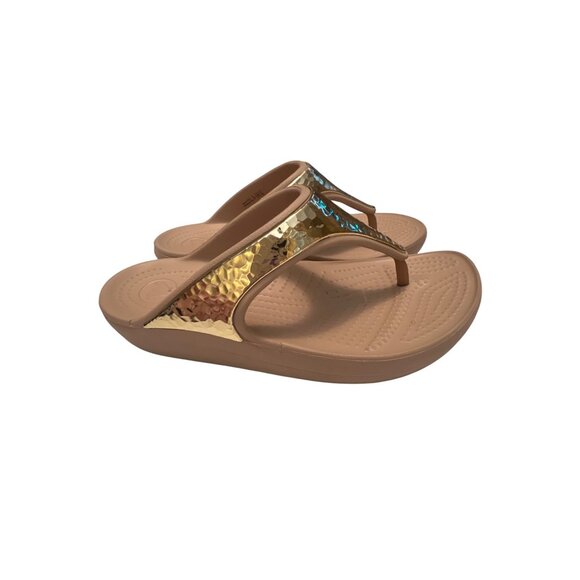 Womens Crocs Flip Flops Sz W7 Gold & Tan Comfort Sandals Metallic Strap - Picture 3 of 6